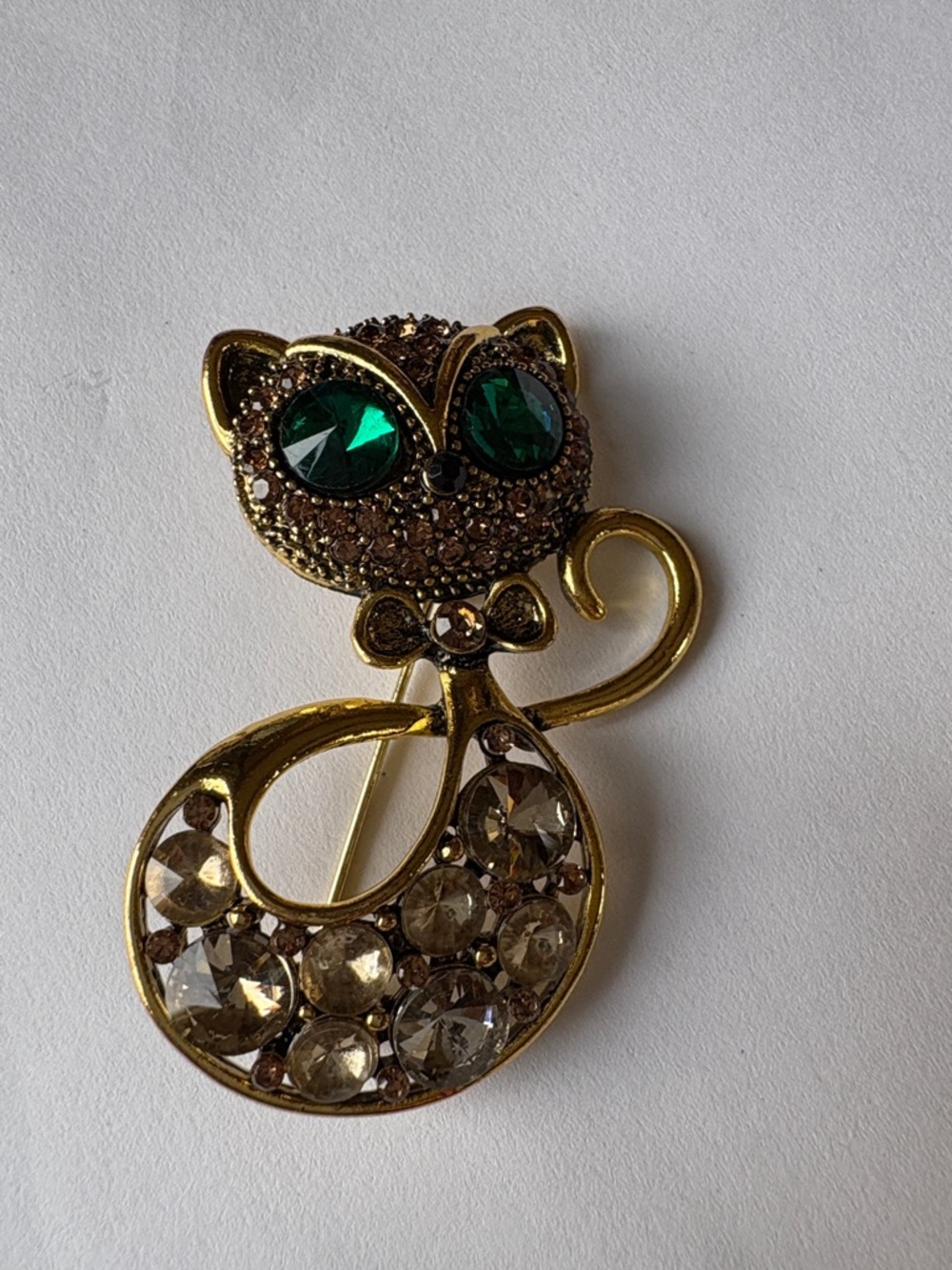 Gold-Tone Cat Brooch with Green Crystal Eyes